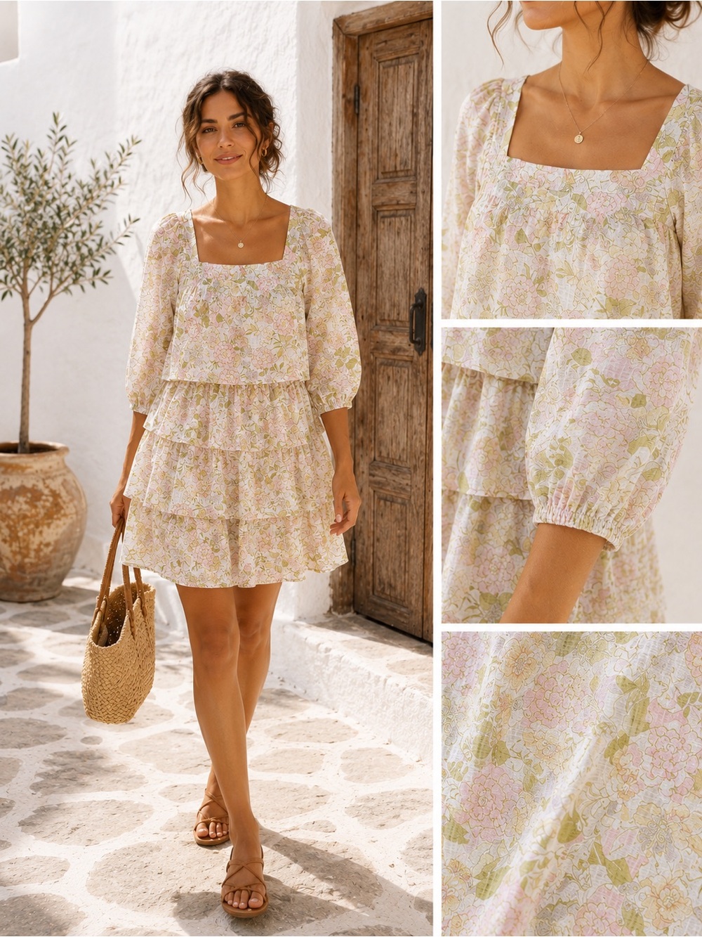 WHO WHAT WEAR Floral Tiered Mini Dress Small Cottagecore Boho Romantic